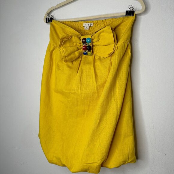 Yellow Linen Sleeveless Blouson Blouse Mini Dress Bead Bow Tie Front S - Picture 2 of 13